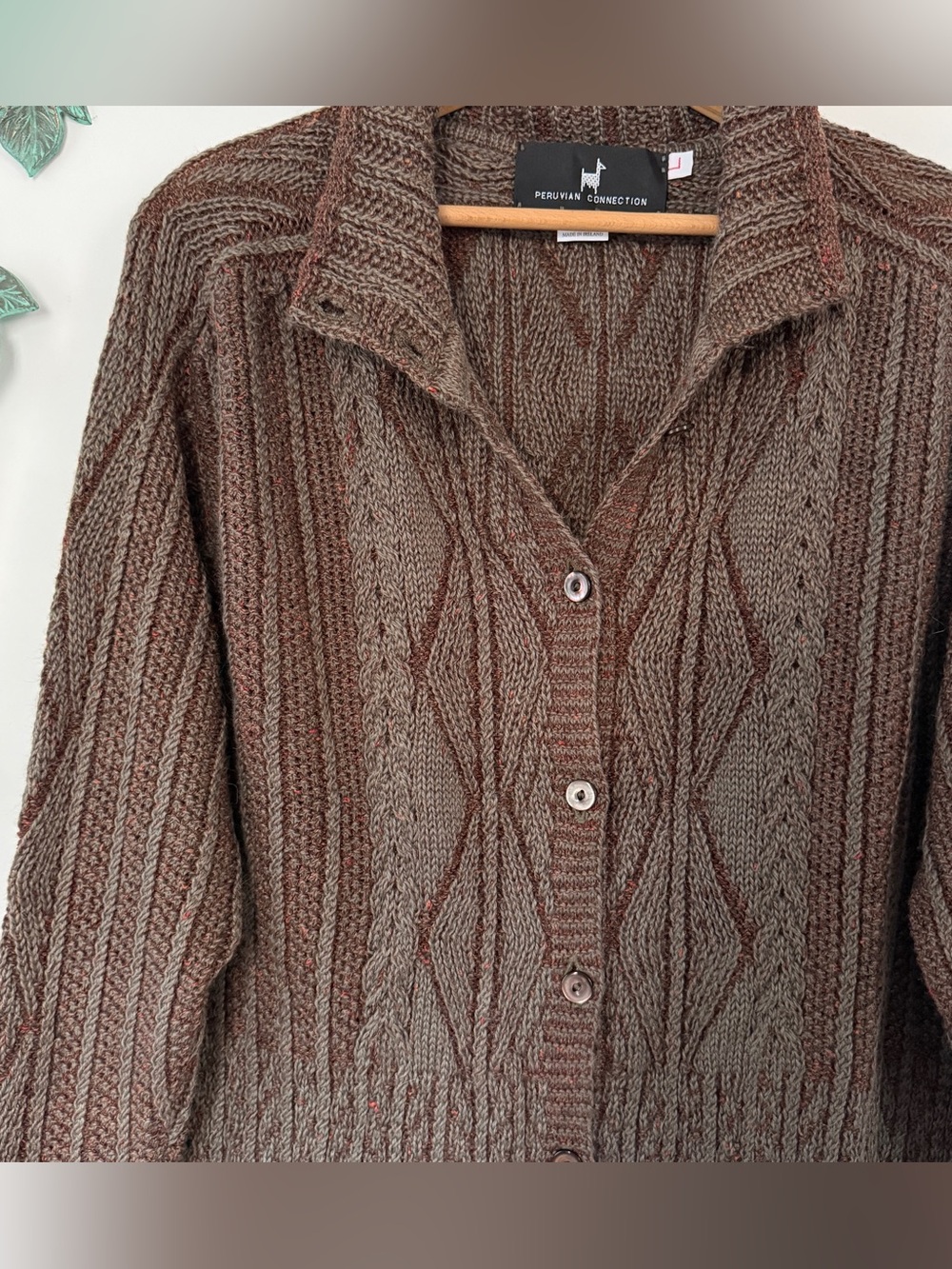 Vintage Peruvian Connection Cableknit Baby Alpaca Wool Silk Knit Cardigan L - Picture 2 of 12